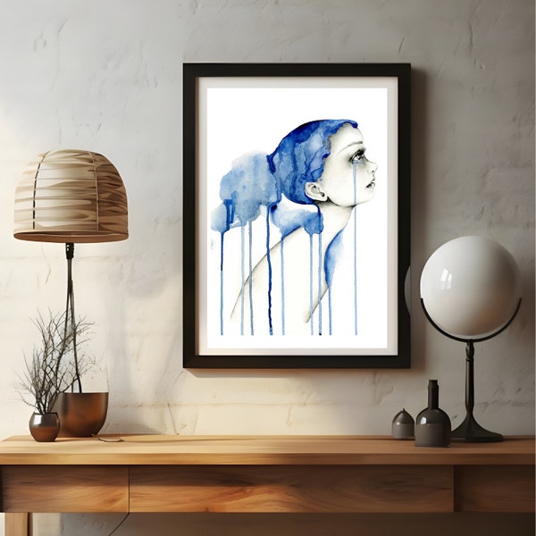 Lámina de acuarela azul con niña, arte minimalista de mujer llorando, decoración para el hogar.