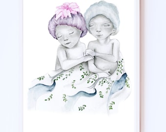 Conjoined twins memorial gift for mom. Miscarriage pregnancy baby loss, stillborn Remembrance gift twin loss. Watercolor painting home decor