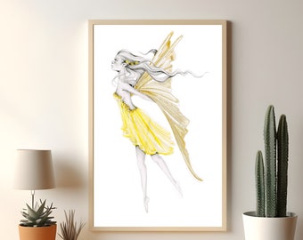 Yellow fairy art print, original fairy watercolor painting, drawing illustration. Fantasy, magical art for girls room, home wall art decor