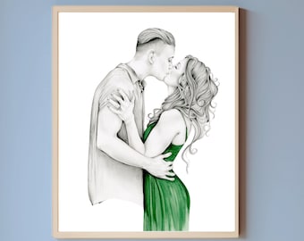Regalos de boda, dibujo a lápiz de parejas besándose a partir de una foto. Dibujo personalizado de retratos de novios. Arte único y personalizado para regalos de boda.