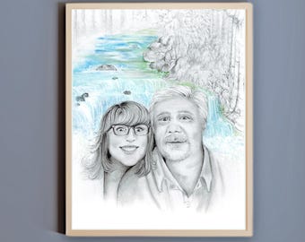 Op maat gemaakt portret, handgetekend potlood en aquarel van stelletjes op basis van jouw foto. Jubileum, huwelijksverlovingscadeaus voor pasgetrouwden.