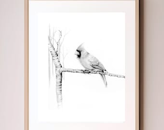 A bird nature inspired wall art print gifts Giclee inspired by nature bird finch Minimalist black & white woodland nature lovers home decor.