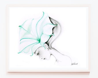 Minimalist, mint green & aqua fine art print. A stunning woman, girl with a flower. Beautiful wall home decor. Original watercolor painting.