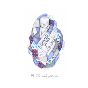 May include: Watercolor illustration of a newborn baby wrapped in a patchwork quilt. The quilt features blue, red, and gray squares with bear and text details. The baby's name, "David James La Co", is written on a label. The text "19. 20 week gestation" is at the bottom.