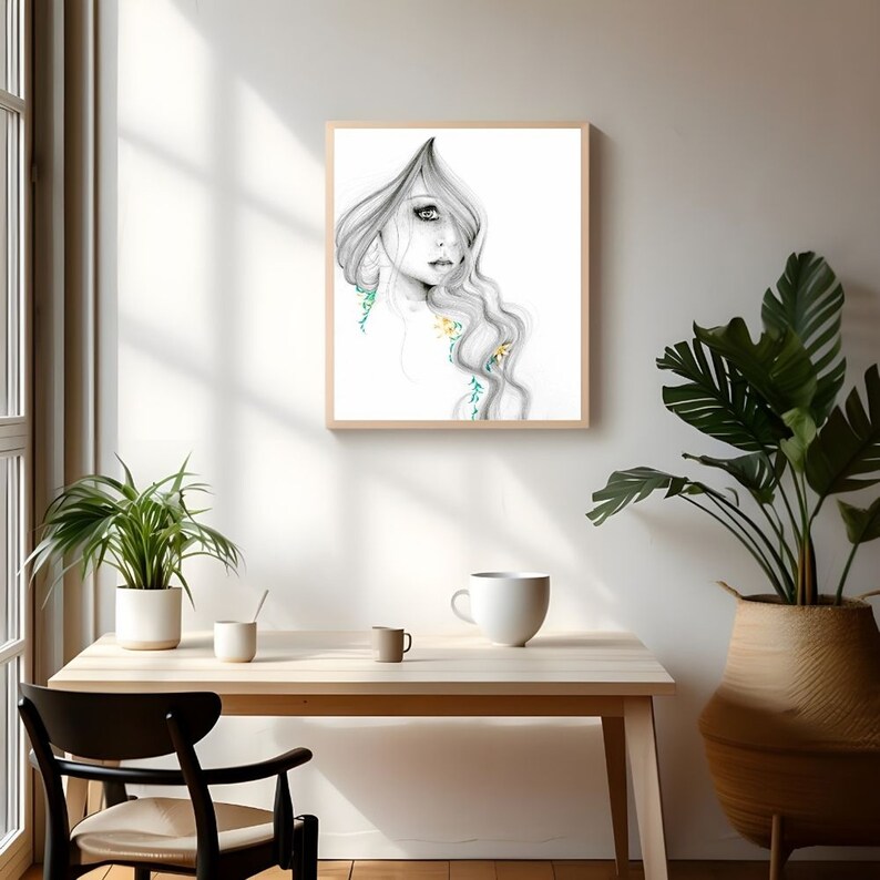 Minimalist wall art, home decor. She is now available in Giclee and poster paper prints. Enlargements, and variety of sizes. Minimalist and beautiful, a melancholy women, girl, unique and full of intrigue.