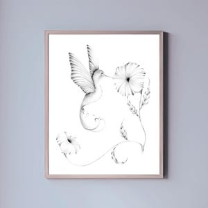 Black and white hummingbird Wall Art Giclee Print of Original Drawing Minimalist wall art Nature Lovers Beautiful hummingbird with flower