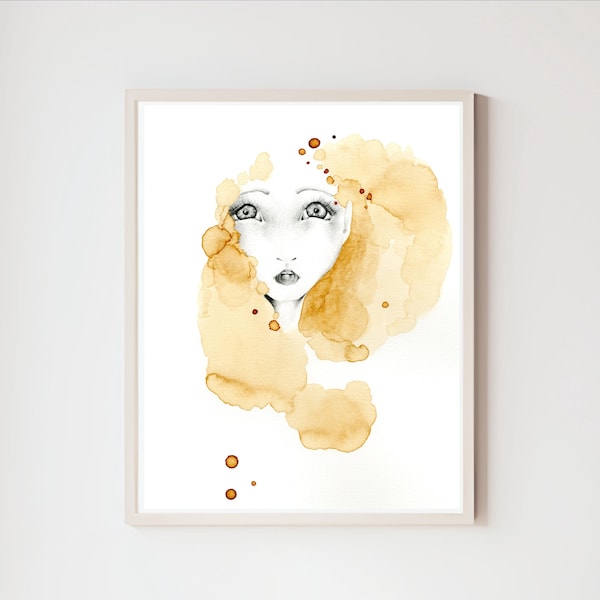 Coffee Stain Art Print of a girl, women's face: Yellow, Gold,  Abstract Minimalist Woman Portrait, Giclee or Poster