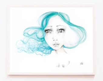 Teal blue green minimalist watercolor painting of a girl with Big Eyes. Giclee print of abstract summer beach house. Hair salon wall decor.