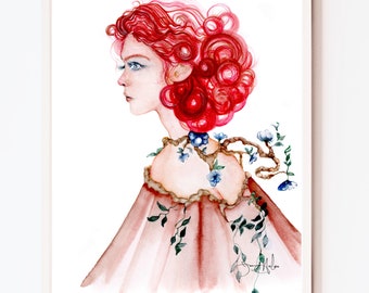 Original Art Fine Art Redhead Giclee Print Boho Bohemian art Unique Gift for Women Watercolor Painting Pencil Drawing of a Girl Star Seller