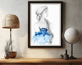 Original Painting Art Blue Watercolor Pencil Drawing: Woman in Blue Dress