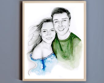 Portret op maat voor koppels: handgetekend potlood en aquarelkunst. Tekening van je foto. Jubileum, verlovingshuwelijkscadeaus.