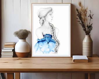 Original Art Painting of a Women in Art Blue Dress Abstract Painting Print Girl Wife Gift Fine Art Originals Fantasy Artwork Beautiful Woman