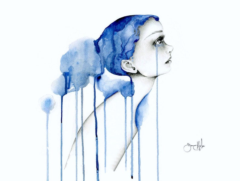 Abstract watercolor painting. An enlargement example displayed, as a poster print. Blue tears, crying unabashedly. My Suffering bringing mental health, depression awareness. A unique and interesting artwork giving a wow factor to any wall space