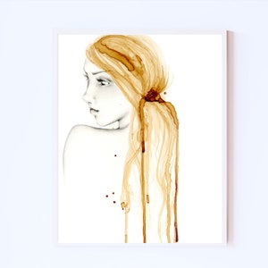 Giclee art print of my original gold brown coffee staining and pencil drawing Girl, women art print of evocative women portrait Giclee print