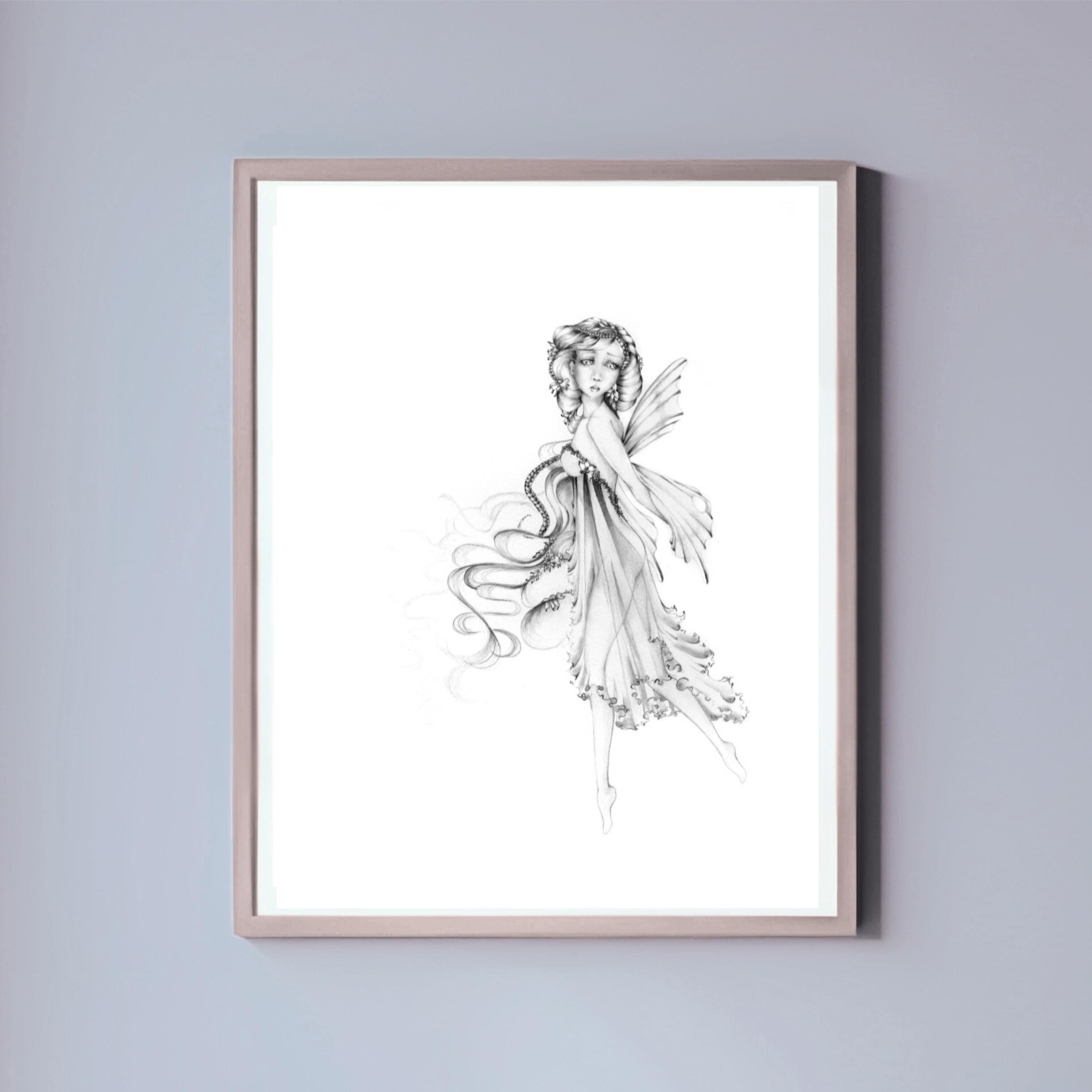 Dibujo de hada a lápiz: Arte mural minimalista moderno, 11 x 14