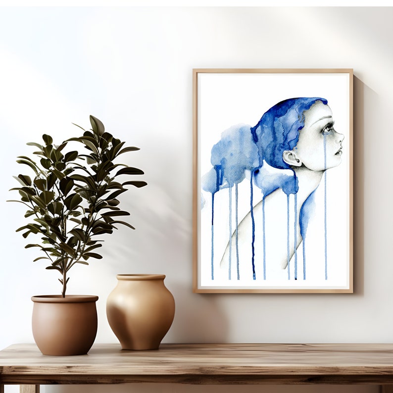 Watercolor painting art, print. Blue minimalist watercolor painting Women in art Original sad girl drawing crying wall Livingroom home decor image 8