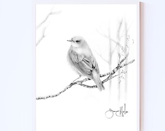 Bird, nature inspired wall art Giclee print inspired by nature finch birds.  Minimalist, black and white woodland nature lovers home decor.