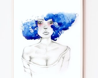 Original Watercolor Painting Girl Print Original Art Painting Artwork Fine Art Blue Hair Blue Abstract Painting Hair Salon Decor Watercolor
