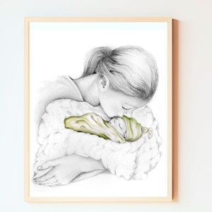 Mothers day gift, hand drawn from mom's photo. She chose the amount of color and what colors to incorporate. My stillborn portraits are entirely personalized. Hand drawn memorial, wall art for your home. A keepsake for much comfort and joy.