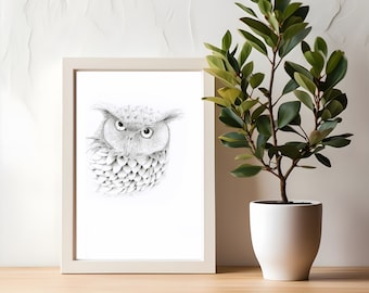 Spring Home Decor Easter Gifts Owl Art Print: Black and White Giclée Print of Pencil Drawing