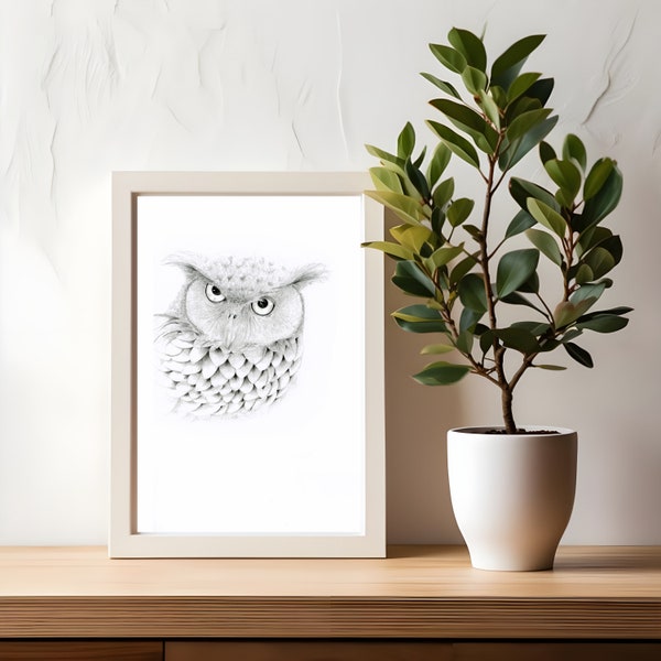 Decoración del hogar de primavera Regalos de Pascua Impresión artística de búho: Impresión giclée en blanco y negro de dibujo a lápiz