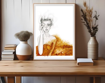 Gold abstract acrylic painting on paper ready for framing. Original work of art for her. A unique wife gift Nude woman, girl home wall decor