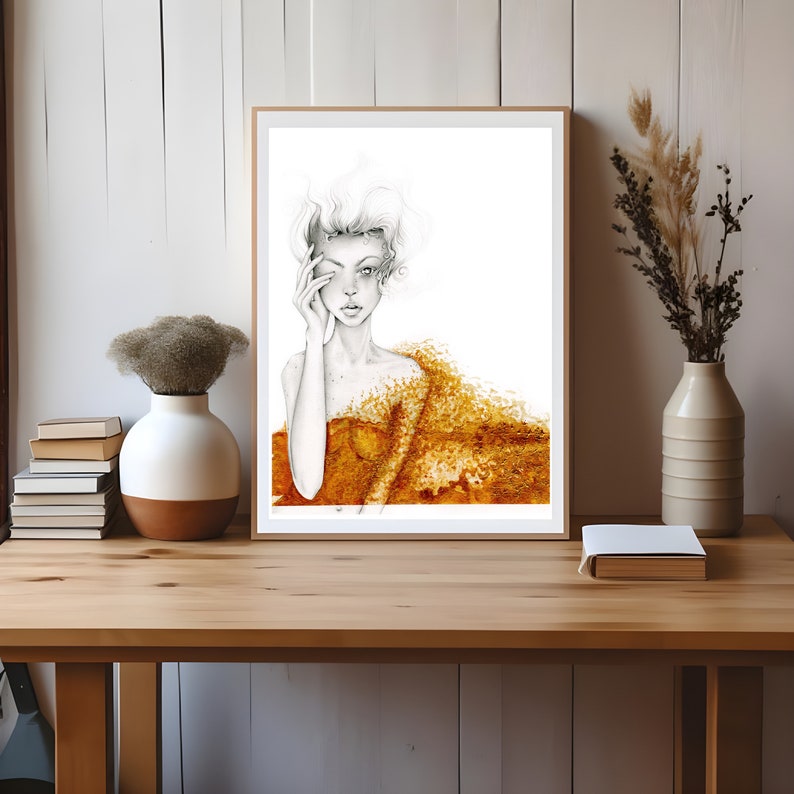 Gold abstract acrylic painting on paper ready for framing. Original work of art for her. A unique wife gift Nude woman, girl home wall decor image 1