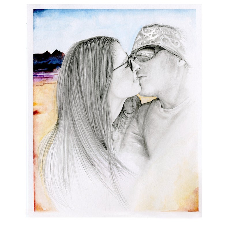 This was a custom couples portrait commissioned as remembrance gift of their engagement day as they prepare for their wedding.  All of my portraits are hand drawn and painted from your photo. A one of a kind gift by star seller.