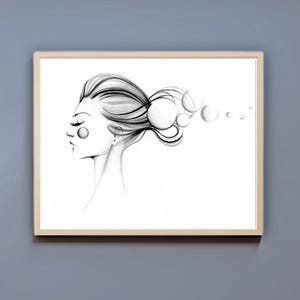 Minimalist graphite pencil drawing of my original sketch illustration of a girl OOAK hand drawn fine art black white Women unique home gift