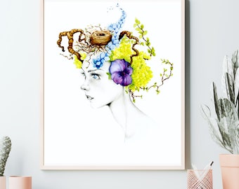 Fine mixed media wall art home wall decor watercolor painting minimalist Nature botanical flowers woodland girl print painting unique woman