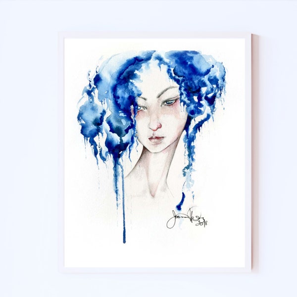 Original blue minimalist abstract watercolor painting print. A blue hair girl Giclee poster paper for her home wall decor, beauty salon art.