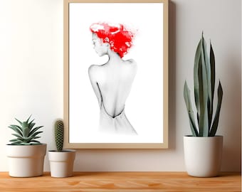 Modern minimalist watercolor painting of a redhead. My original unique hand drawn abstract red wall art for her and your home.