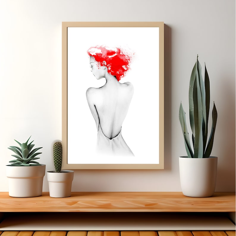 Modern minimalist watercolor painting of a redhead. My original unique hand drawn abstract red wall art for her and your home. image 1