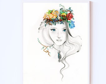 My minimalist wall art, home decor Giclee print of a beautiful girl wearing a wreath upon her head Original Nature inspired drawing painting