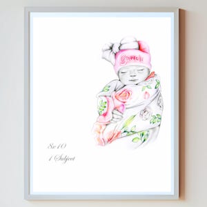 May include: A pencil drawing of a baby wrapped in a floral blanket and wearing a pink hat with the name "Gracie". The artwork is framed and includes the text "8x10" and "1 Subject".