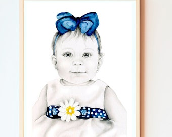 Baby portraits painting from photo  for mom, dad Watercolor painting wall art Hand drawn portraits one of a kind abstract art.