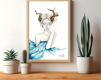 My original blue & brown watercolor abstract painting of a woodland girl. A unique gift for her wall home decor One of a kind hand drawn art