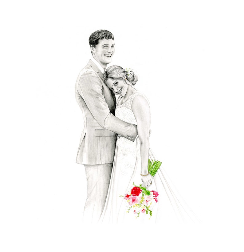 A couples portrait. This is not digitally created. All of my custom portraits are hand drawn by me on paper from your photo. Bringing that unique feel to any special moment, a gift, memento for that lucky couple. Engaged and ready for wedding.