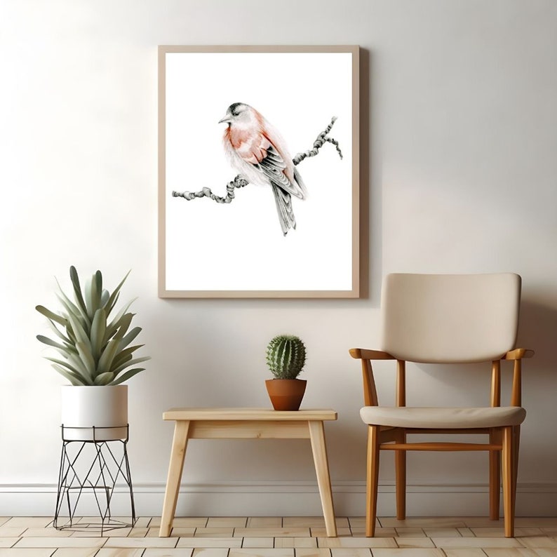 A stunning work of art to adorn your home wall decor. A single red finch sitting atop a branch. This is a reproduction fine art poster print of my original pencil drawing of a bird.