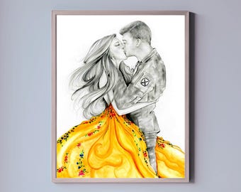Portret op maat voor koppels, handgetekende potlood en aquarelkunst