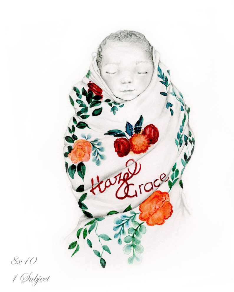 You can see here this lovely angel, stillborn baby with her name on her precious swaddle. This is all personalized and created by your direction. My portraits are hand drawn and entirely custom. A memorial gift for mom and dad.