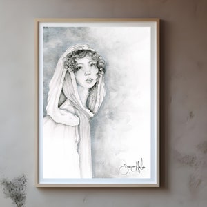 A black and white beautiful art print of a women girl. Intrigue, and wonder for your home decor. A unique silver fine art Giclee print. image 3