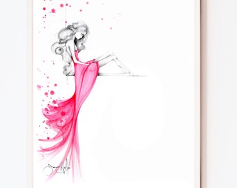 Watercolor painting pink dress fashion art illustration abstract minimalist print sad girl Beauty decor Feminine spa, vanity boudoir gift.