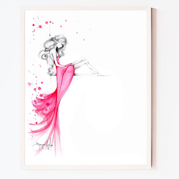 Watercolor painting pink dress fashion art illustration abstract minimalist print sad girl Beauty decor Feminine spa, vanity boudoir gift.