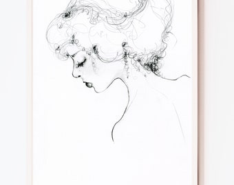 My minimalist wall hanging, Giclee art print of a girl, women Minimalist black & white drawing Unique, original gift for her, wife or mom.