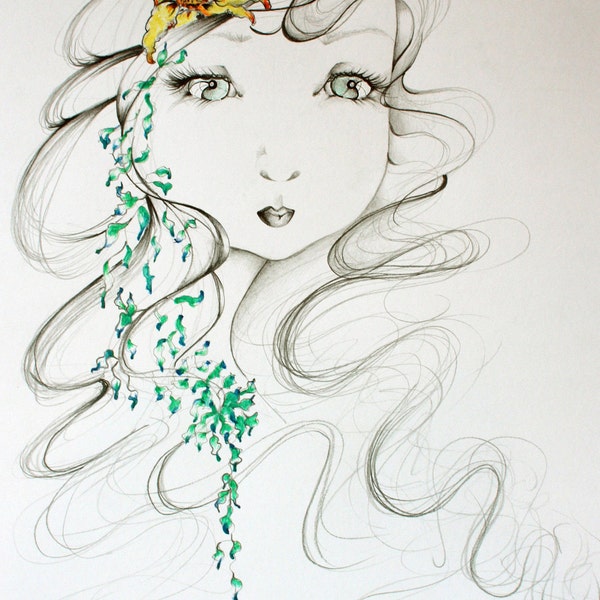 Fantasy Drawing Illustration of my Original Pencil Drawing She's called "Wall Flower"