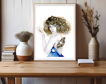 Unique woodland lady for your  home decor any living space. Tones of blue,  brown for your rustic country home. Original one of a kind art