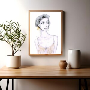 This girl is my original yellow hand drawn painted with coffee staining. One of a kind fine art imagined by me. For your home, wall decor. image 5