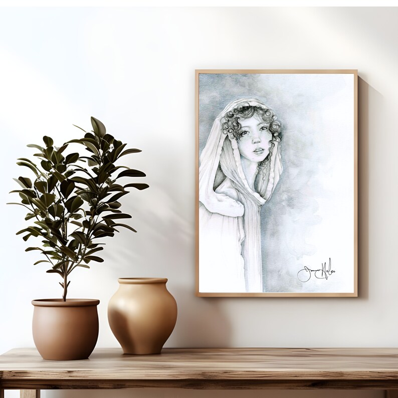 A black and white beautiful art print of a women girl. Intrigue, and wonder for your home decor. A unique silver fine art Giclee print. image 4