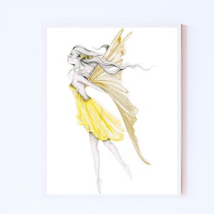 Yellow fairy art print, original fairy watercolor painting, drawing illustration. Fantasy, magical art for girls room, home wall art decor